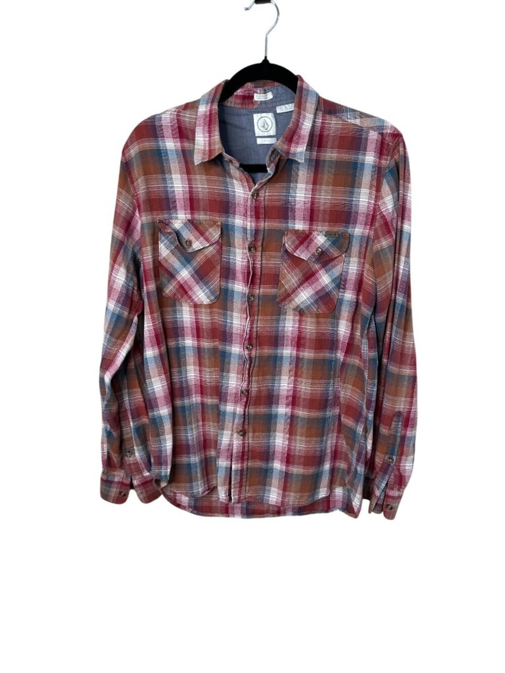 Volcom Mens Plaid Button Up Shirt M Red Blue Orange Classic Fit Cotton Skater